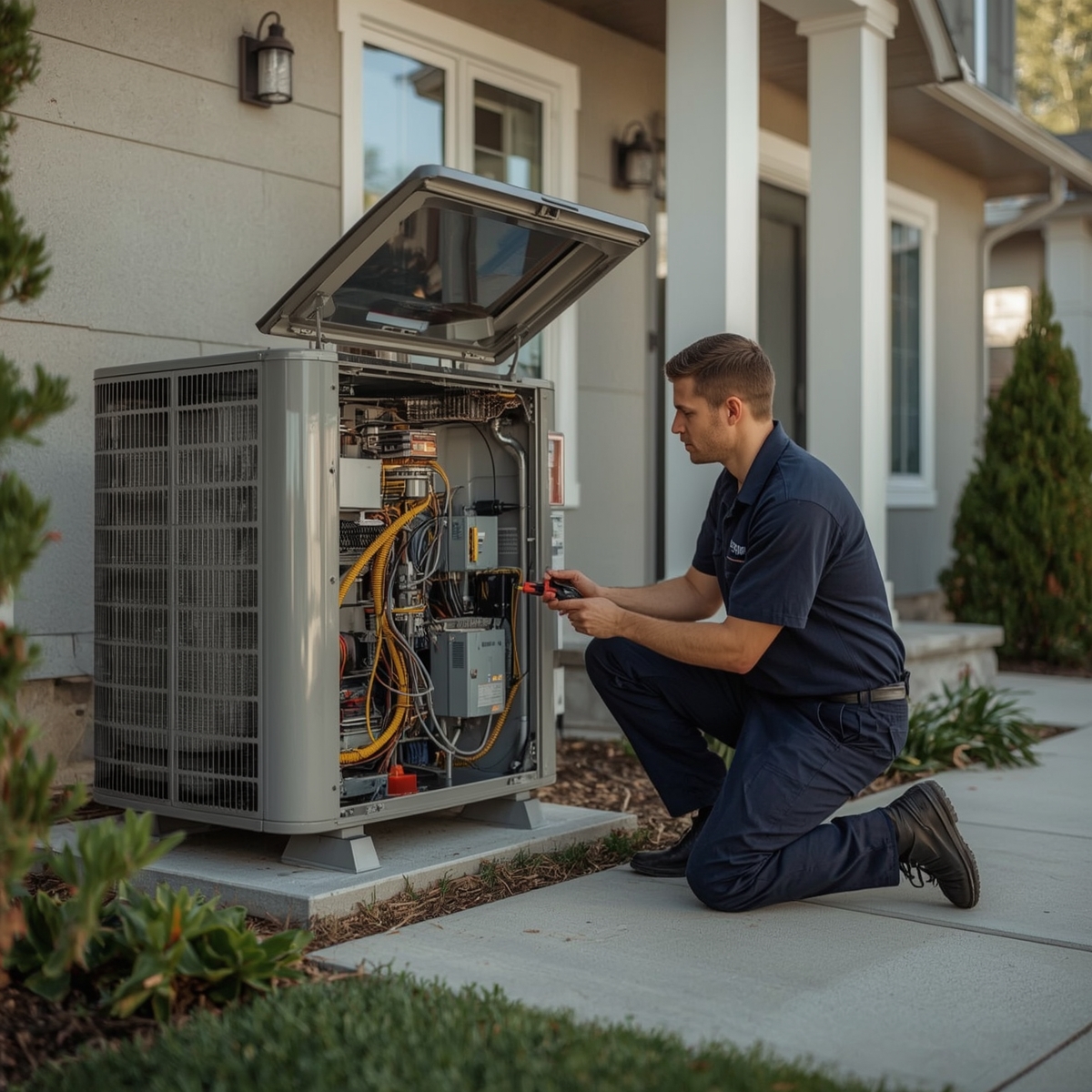 Hartley technician diagnosing an AC unit at a Cedar Falls home