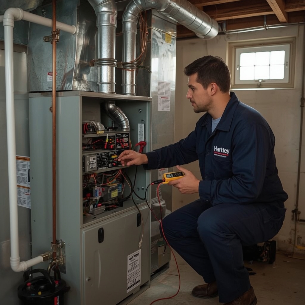 HVAC technician diagnosing a residential furnace