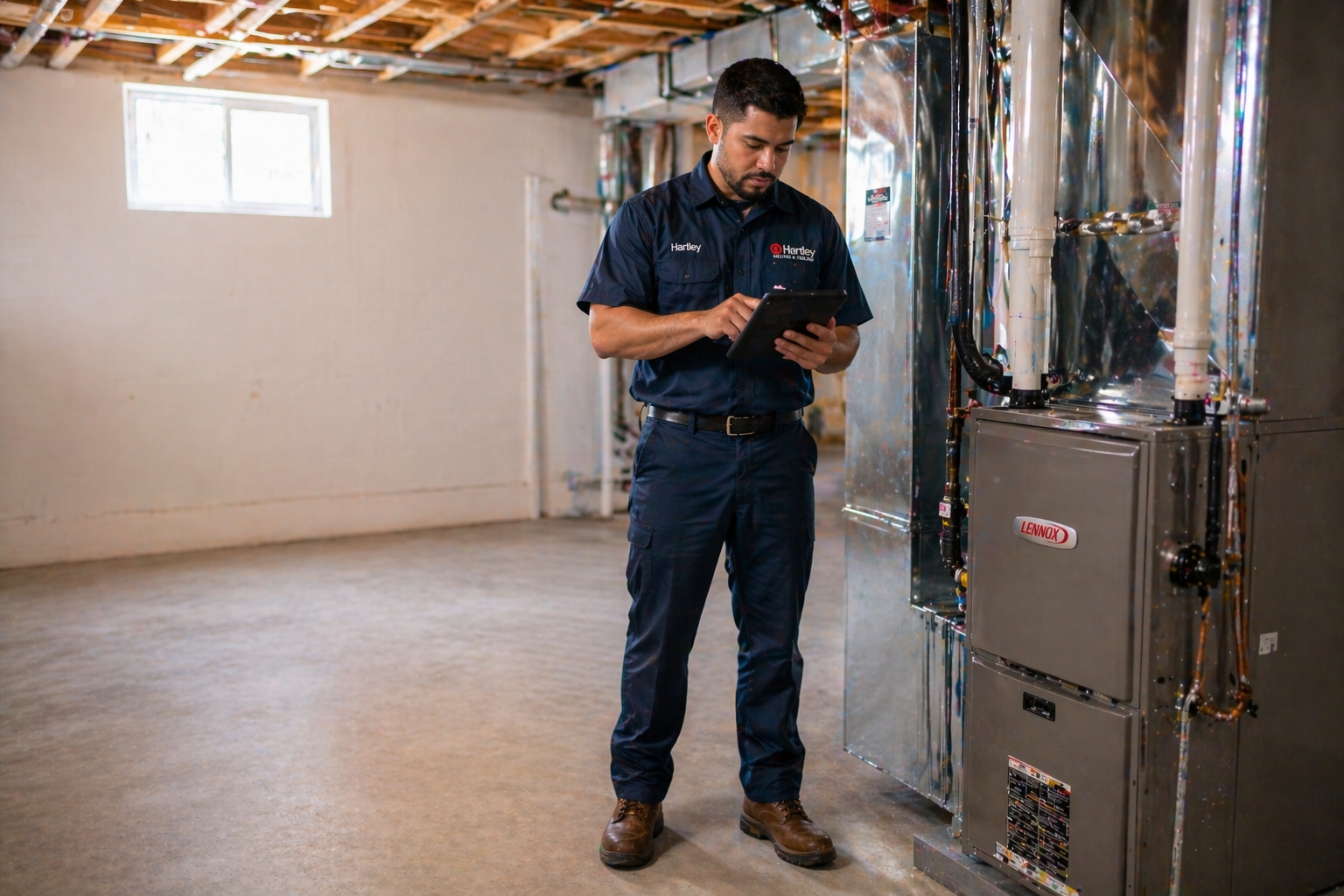 Hartley technician installing a new furnace in a Cedar Falls home
