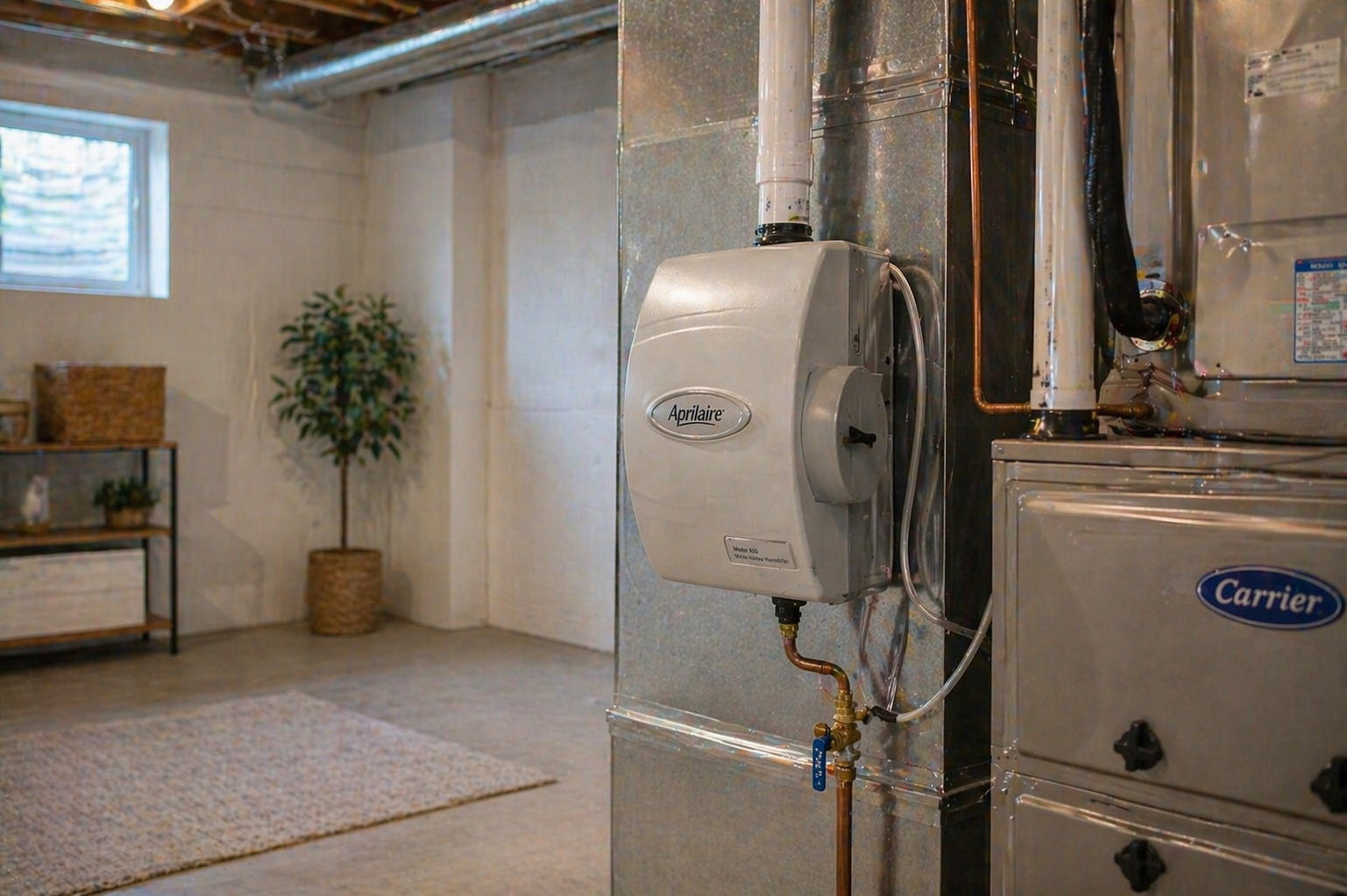 Whole-home humidifier installed beside furnace in Cedar Falls basement utility room