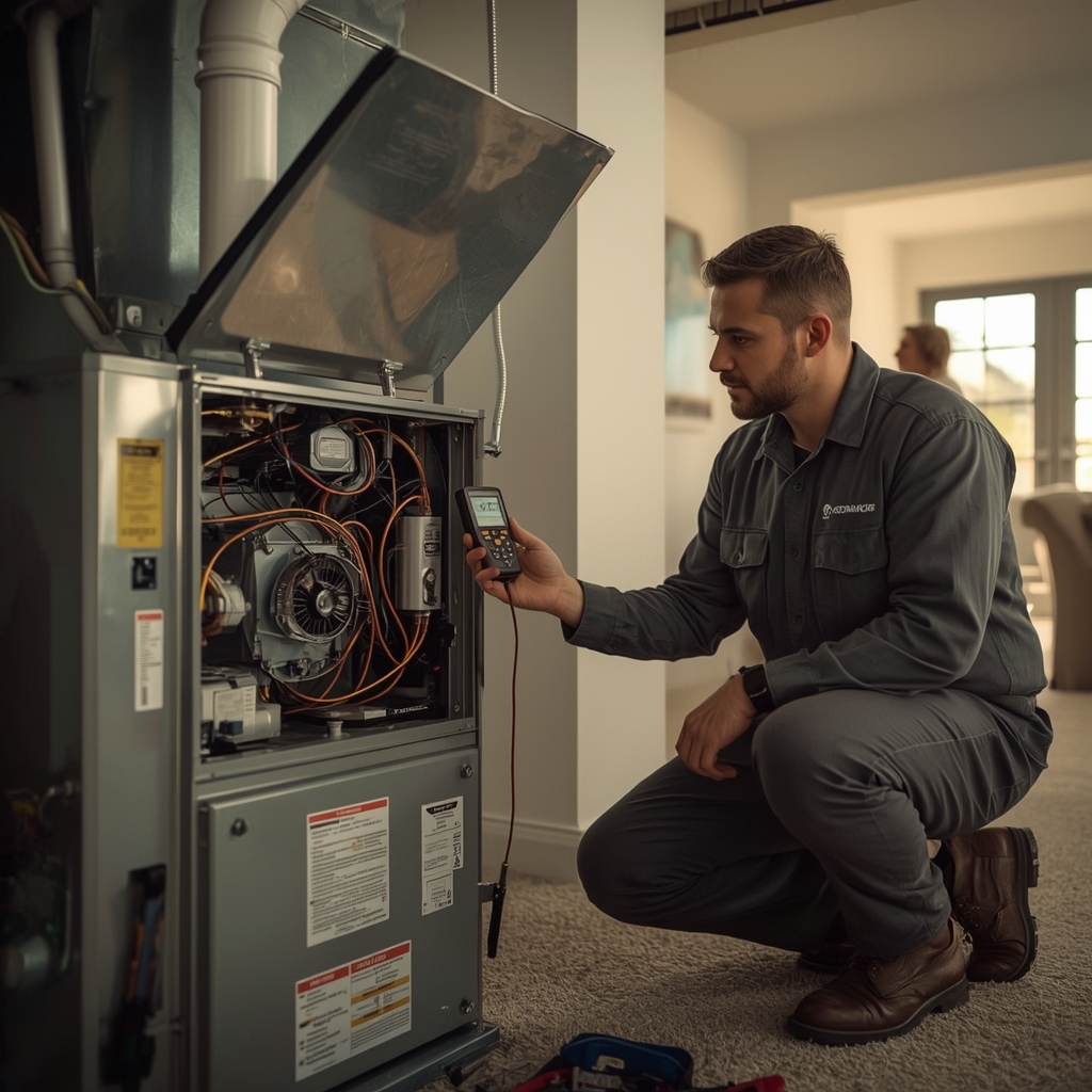 Hartley technician inspecting an open furnace unit with a diagnostic tool during an annual tune-up