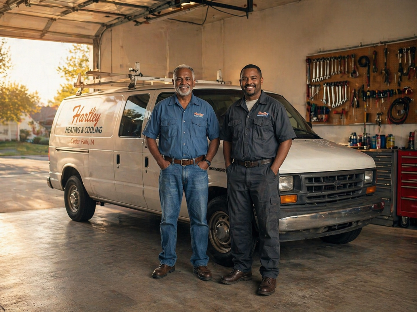 Hartley Heating & Cooling team members standing in front of a company van in the shop garage